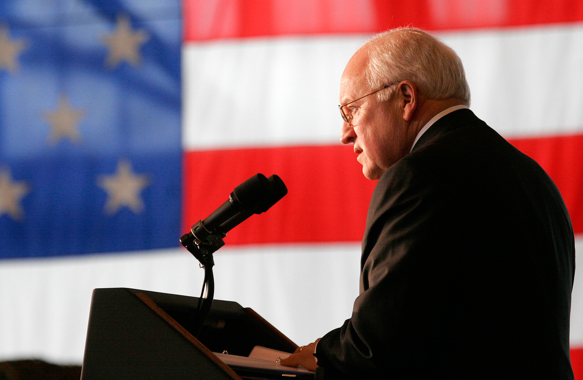 Vice President Dick Cheney delivers his speech to troops at Fairchild Air Force base on April 17, 2006 in Spokane, Wash. He died Monday at age 84.