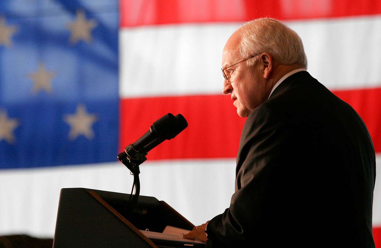 Vice President Dick Cheney delivers his speech to troops at Fairchild Air Force base on April 17, 2006 in Spokane, Wash. He died Monday at age 84.
