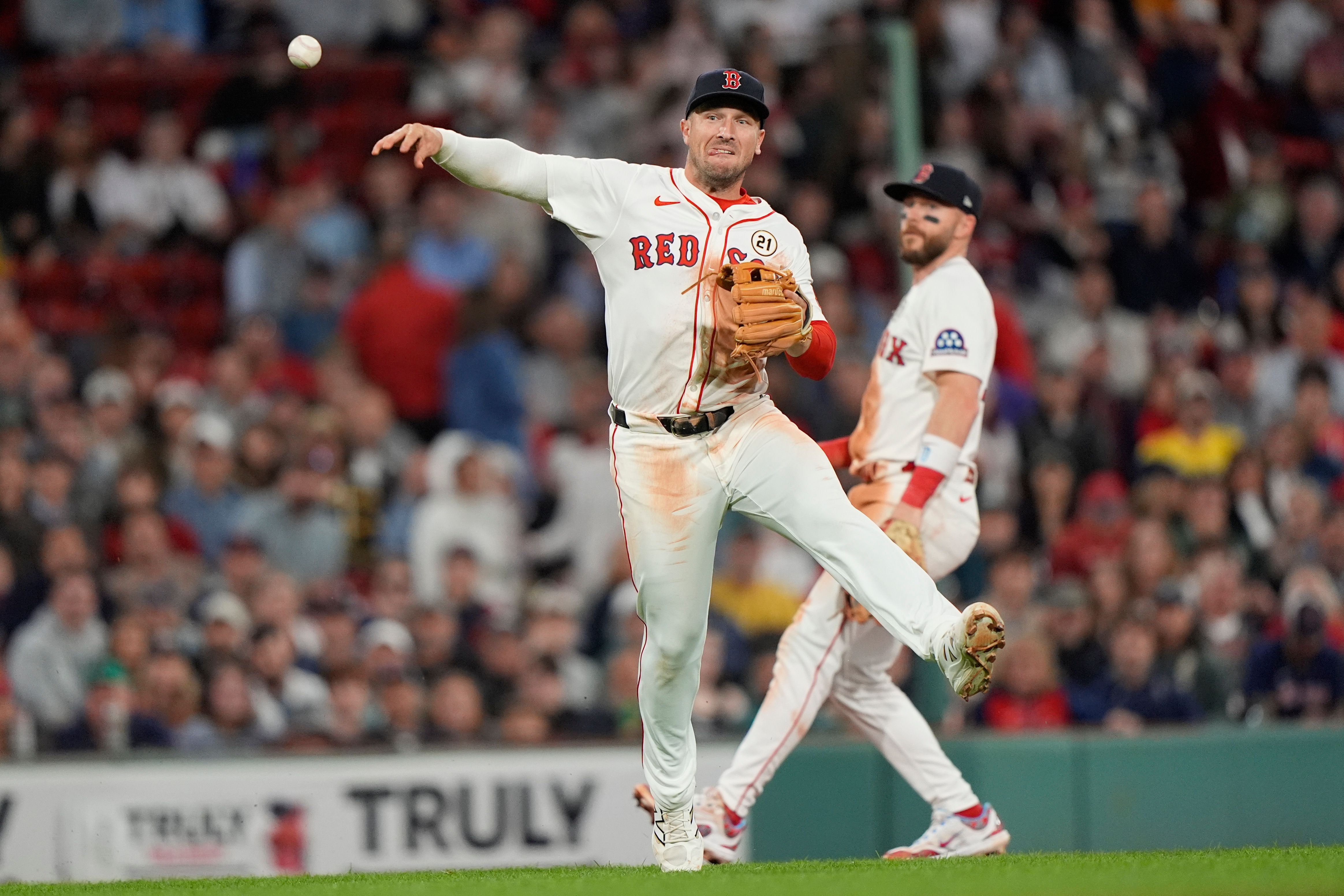 FILE - Boston Red Sox third baseman Alex Bregman throws late to first on a single by Athletics Jacob Wilson in the sixth inning of a baseball game, Sept. 16, 2025, in Boston.