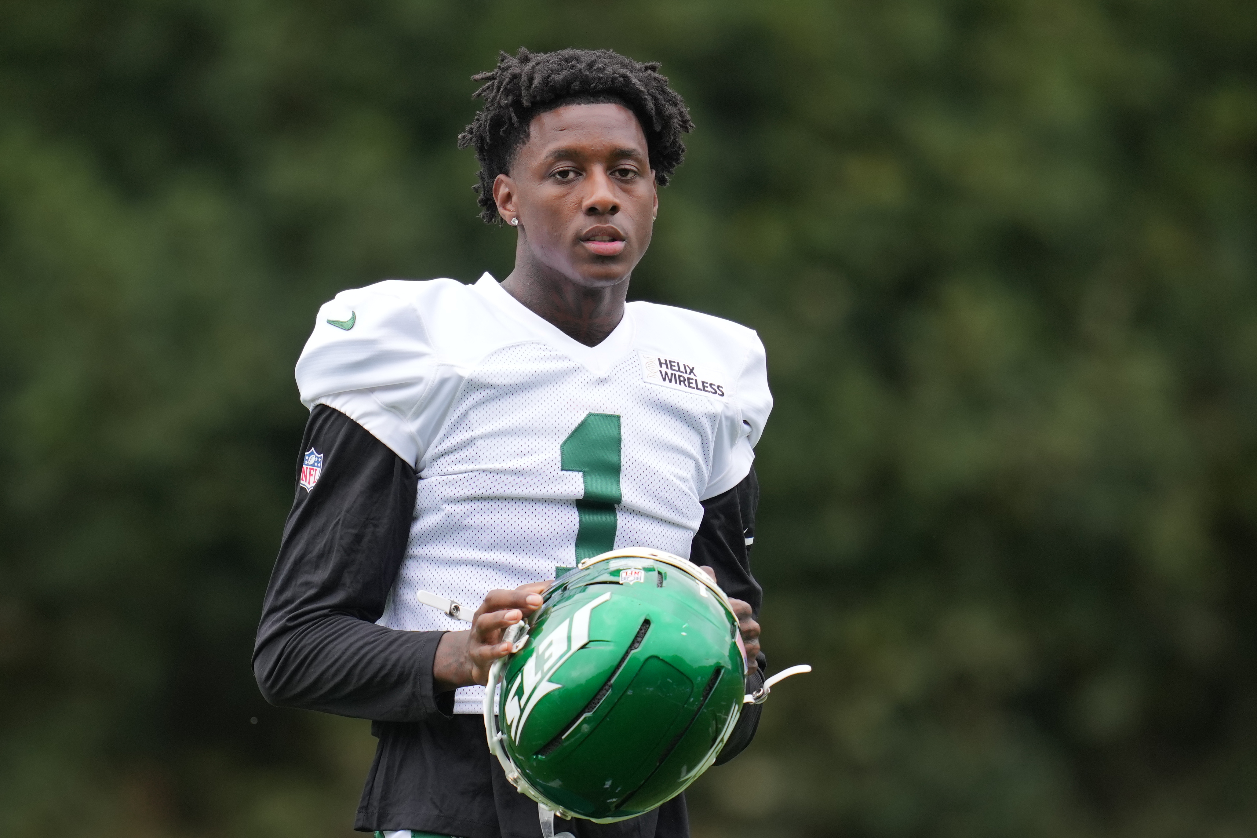 New York Jets cornerback Sauce Gardner (1) looks on during NFL football practice at The Grove in Watford, England, Wednesday, Oct. 8, 2025.