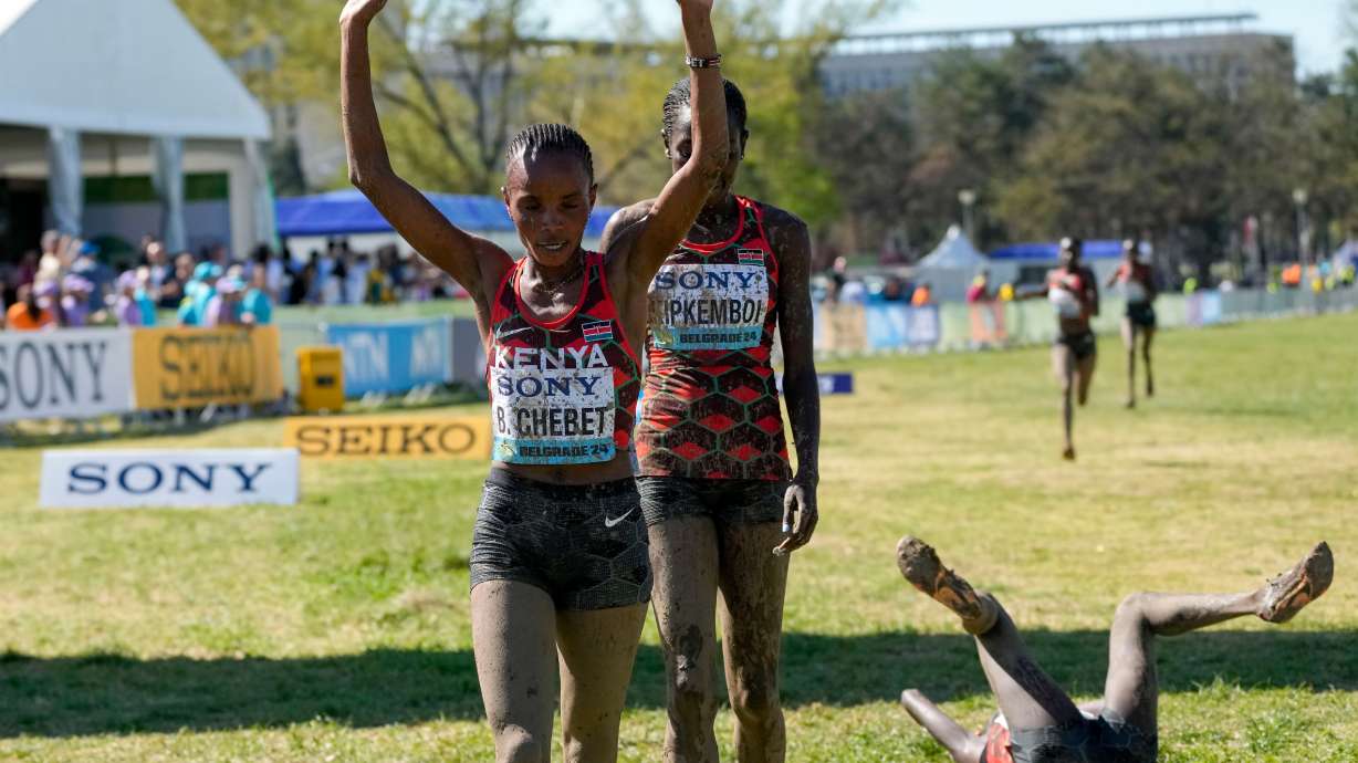 Beatrice Chebet, of Kenya, front, celebrates during the World Athletics Cross Country Championships in Belgrade, Serbia, March 30, 2024. The head of the international track and field federation wants to bring cross-country running to the Winter Olympics.