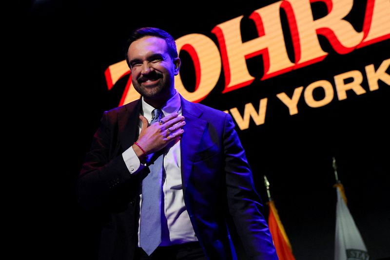 Democratic candidate for New York City mayor Zohran Mamdani gestures onstage after winning the 2025 New York City Mayoral race, at an election night rally in the Brooklyn borough of New York City, Tuesday. The turnout in the election was the highest since 1969.