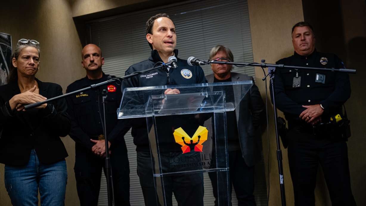 Mayor Craig Greenberg speaks at Louisville Regional Airport Authority about the crash of UPS Flight 2796 at Louisville Muhammad Ali International Airport on Tuesday, in Louisville, Ky. At least 12 people are dead because of the crash.