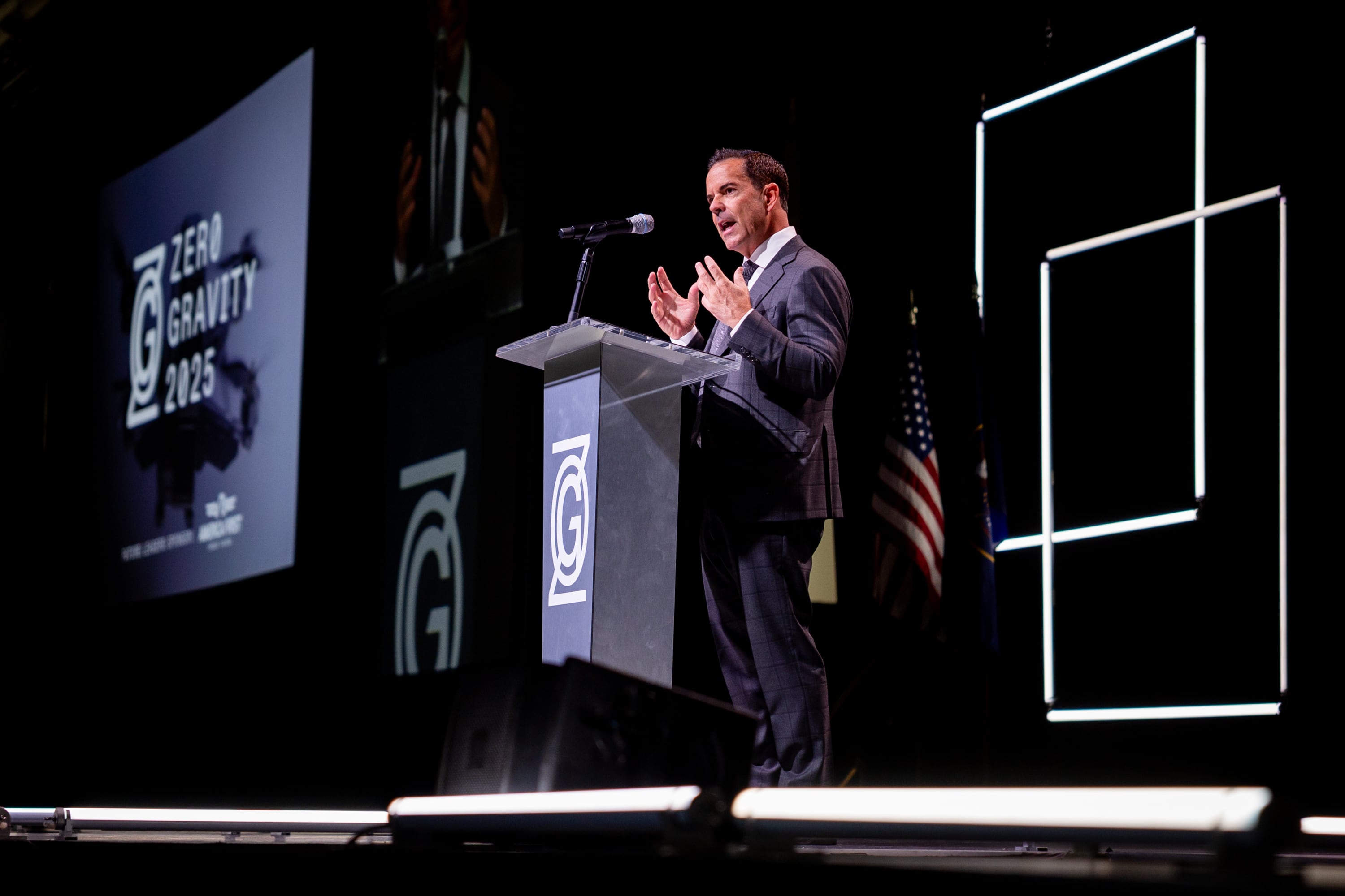 Brad Wilson, chairman of the 47G board of directors and CEO of Salt Lake City-Utah 2034 Olympic and Paralympic Games, speaks at the 2025 Zero Gravity Summit hosted by 47G Utah Aerospace & Defense at the Salt Palace Convention Center in Salt Lake City on Tuesday.
