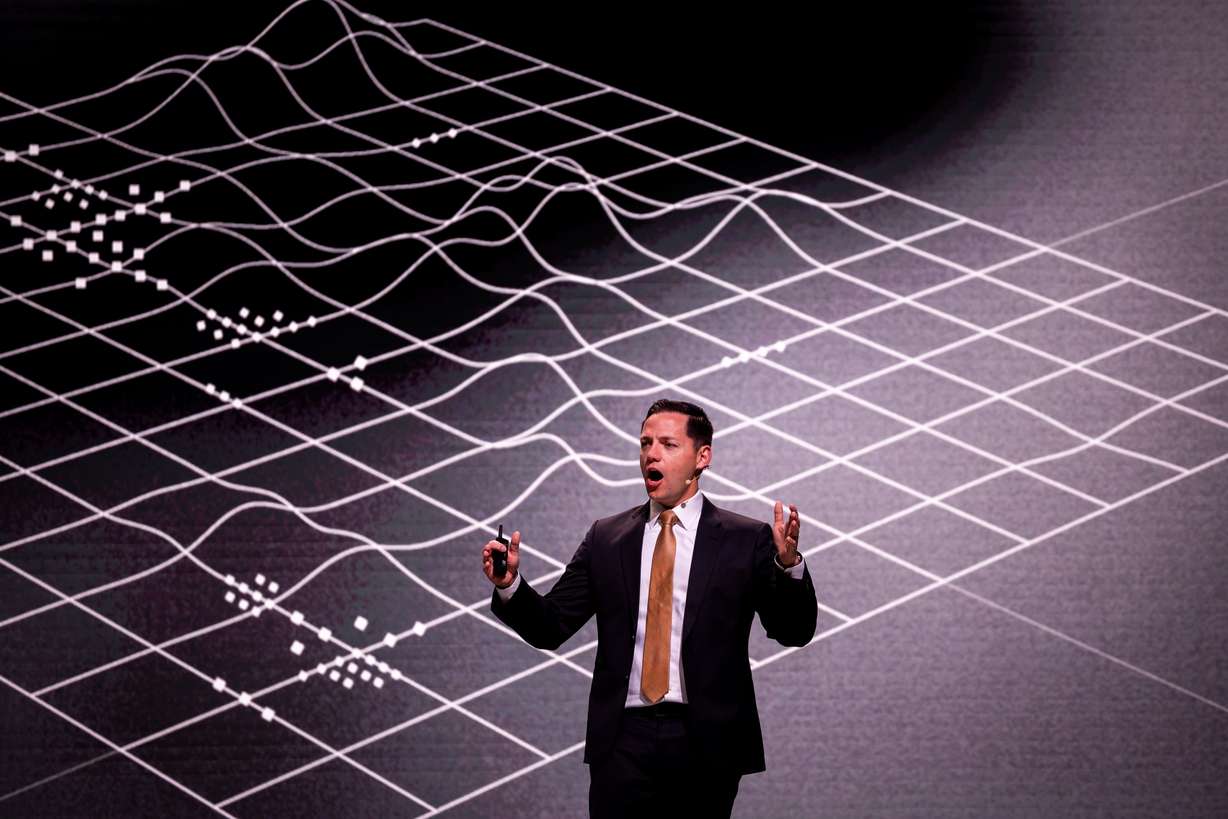 Aaron Starks, CEO and president of 47G, speaks at the 2025 Zero Gravity Summit hosted by 47G Utah Aerospace & Defense at the Salt Palace Convention Center in Salt Lake City on Tuesday.