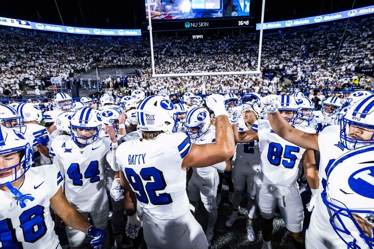 BYU players huddle during on the field during game against Kansas State Sept. 21, 2024, at LaVell Edwards Stadium in Provo. The Cougars return to their home turf Saturday, where they will look to preserve their perfect record against the Arizona Wildcats. 