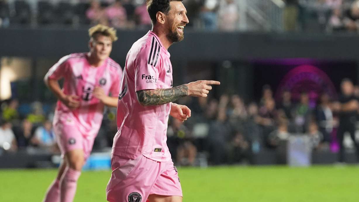 Inter Miami forward Lionel Messi (10) reacts after scoring a goal during the second half of match one of an MLS playoff opening round soccer match against the Nashville SC, Friday, Oct. 24, 2025, in Fort Lauderdale, Fla.