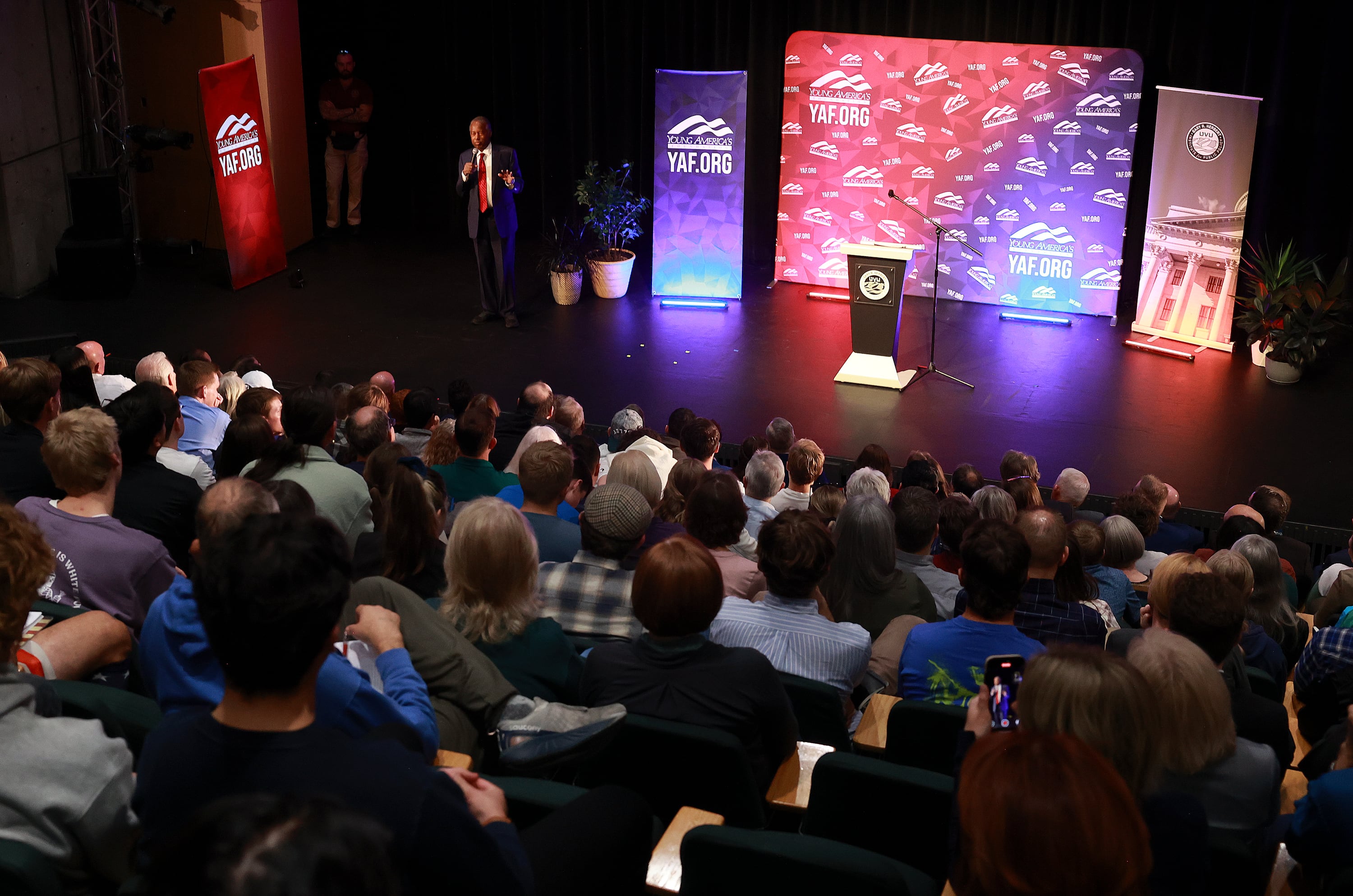 Ben Carson, pediatric neurosurgeon and former secretary of Housing and Urban Development, speaks at UVU in Orem on Wednesday. Carson spoke about prayer, resiliency, and the legacy of Charlie Kirk.