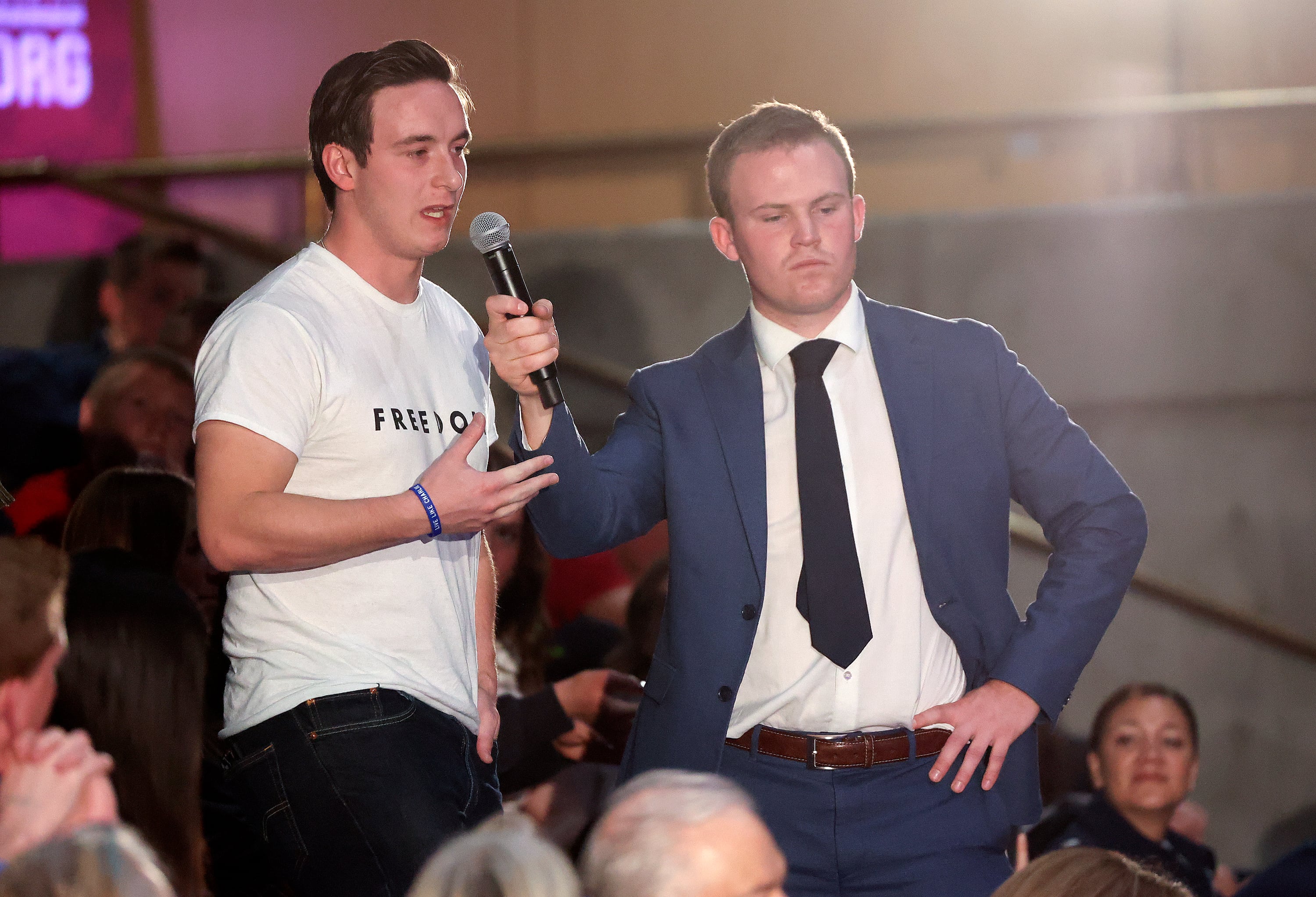 Jeb Jacobi, who was a Turning Point volunteer and witness to the Charlie Kirk assassination, asks Ben Carson, pediatric neurosurgeon and former secretary of Housing and Urban Development, how people can come together with unity in religion, spirituality and debate, at UVU in Orem on Wednesday. Carson's visit came just months after Kirk's assassination in September.