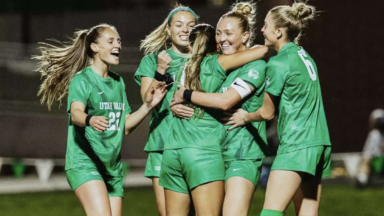 Utah Valley women's soccer celebrates a goal during a 7-0 win over ACU in the Western Athletic Conference semifinals, Wednesday, Nov. 5, 2025 at UCCU Stadium in Orem.