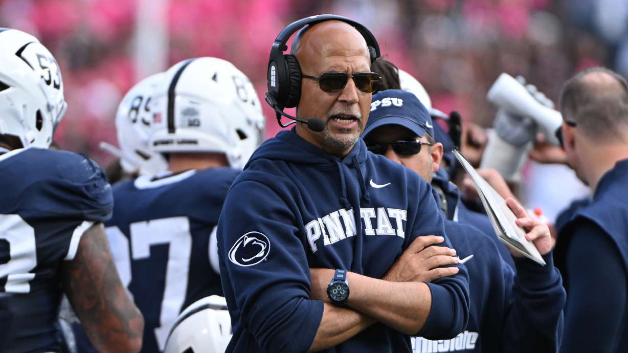 Penn State head coach James Franklin reacts during the second quarter of an NCAA college football game against Northwestern, Saturday, Oct. 11, 2025, in State College, Pa.