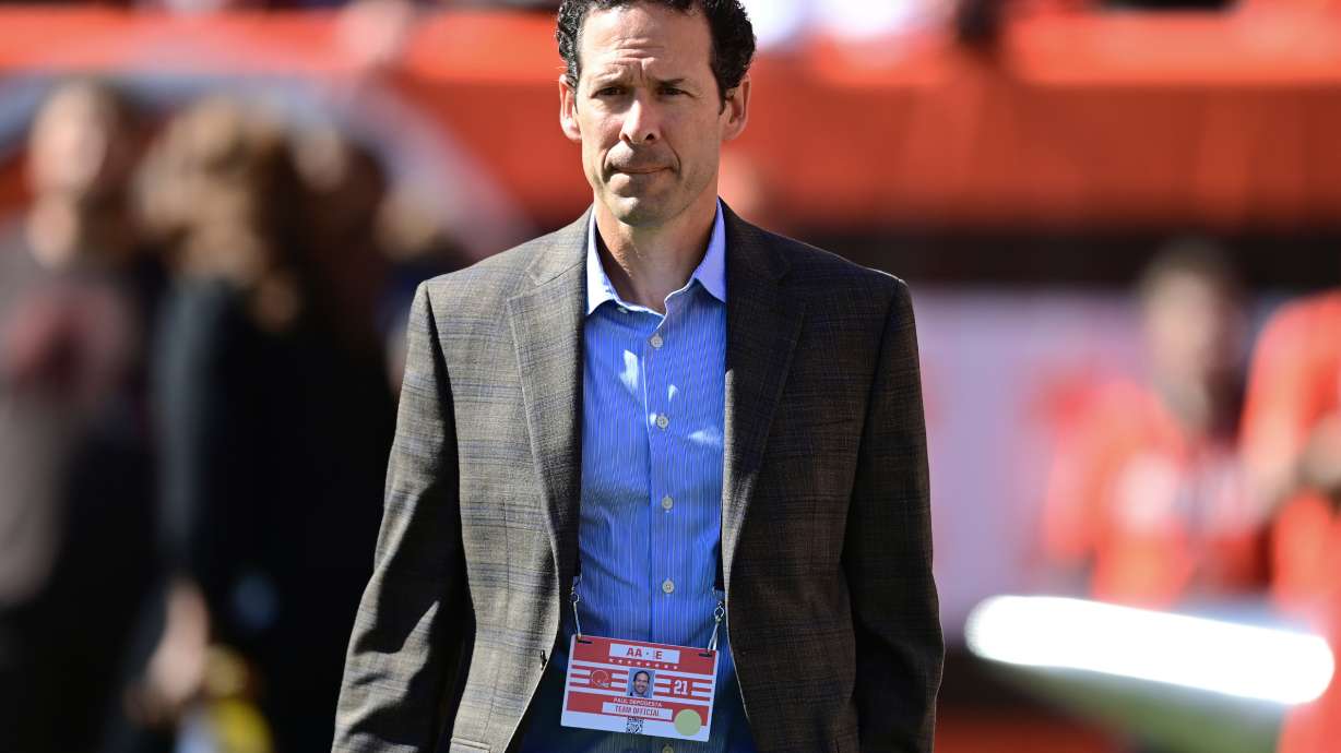 FILE - Cleveland Browns chief strategy officer Paul DePodesta looks on before an NFL football game between the Chicago Bears and the Cleveland Browns, Sunday, Sept. 26, 2021, in Cleveland.
