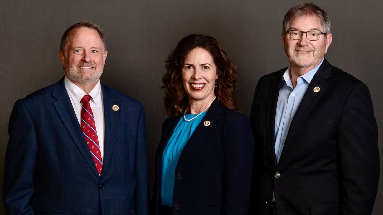 Davis County Commissioners John Crofts, Lorene Kamalu and Bob Stevenson. The three are split on a proposed 30% property tax hike as part of 2026 budget talks.
