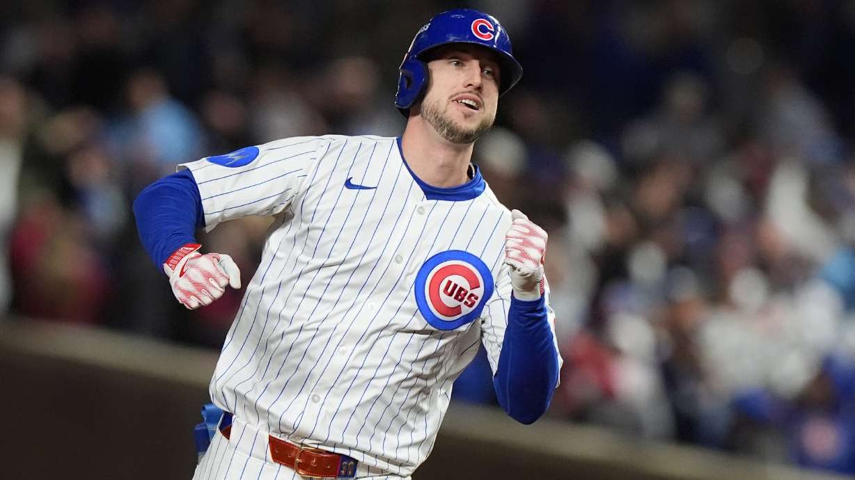 Chicago Cubs' Kyle Tucker (30) runs the bases after hitting a solo home run during the seventh inning of Game 4 of baseball's National League Division Series against the Milwaukee Brewers Thursday, Oct. 9, 2025, in Chicago.