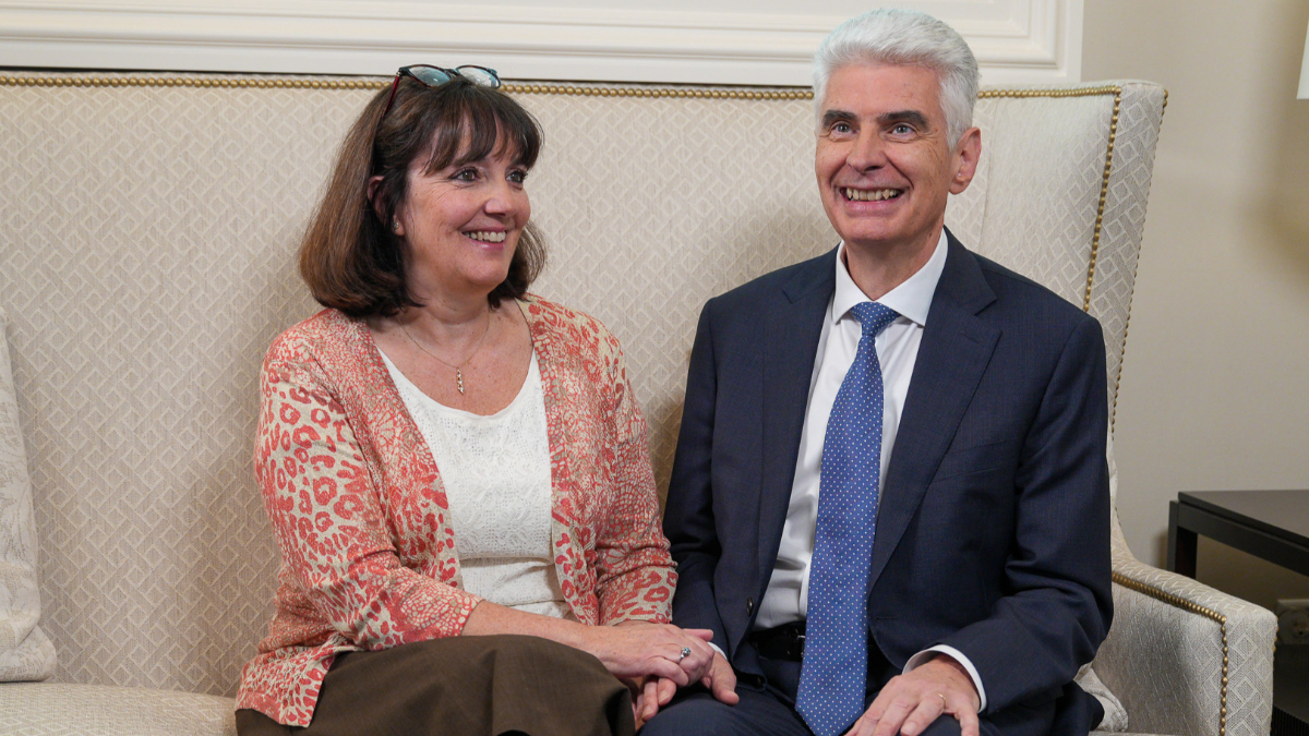 Elder Gerald Causse and his wife, Valerie, speak about his new call to the Quorum of the Twelve Apostles from the Joseph Smith Memorial Building on Temple Square in Salt Lake City on Thursday.