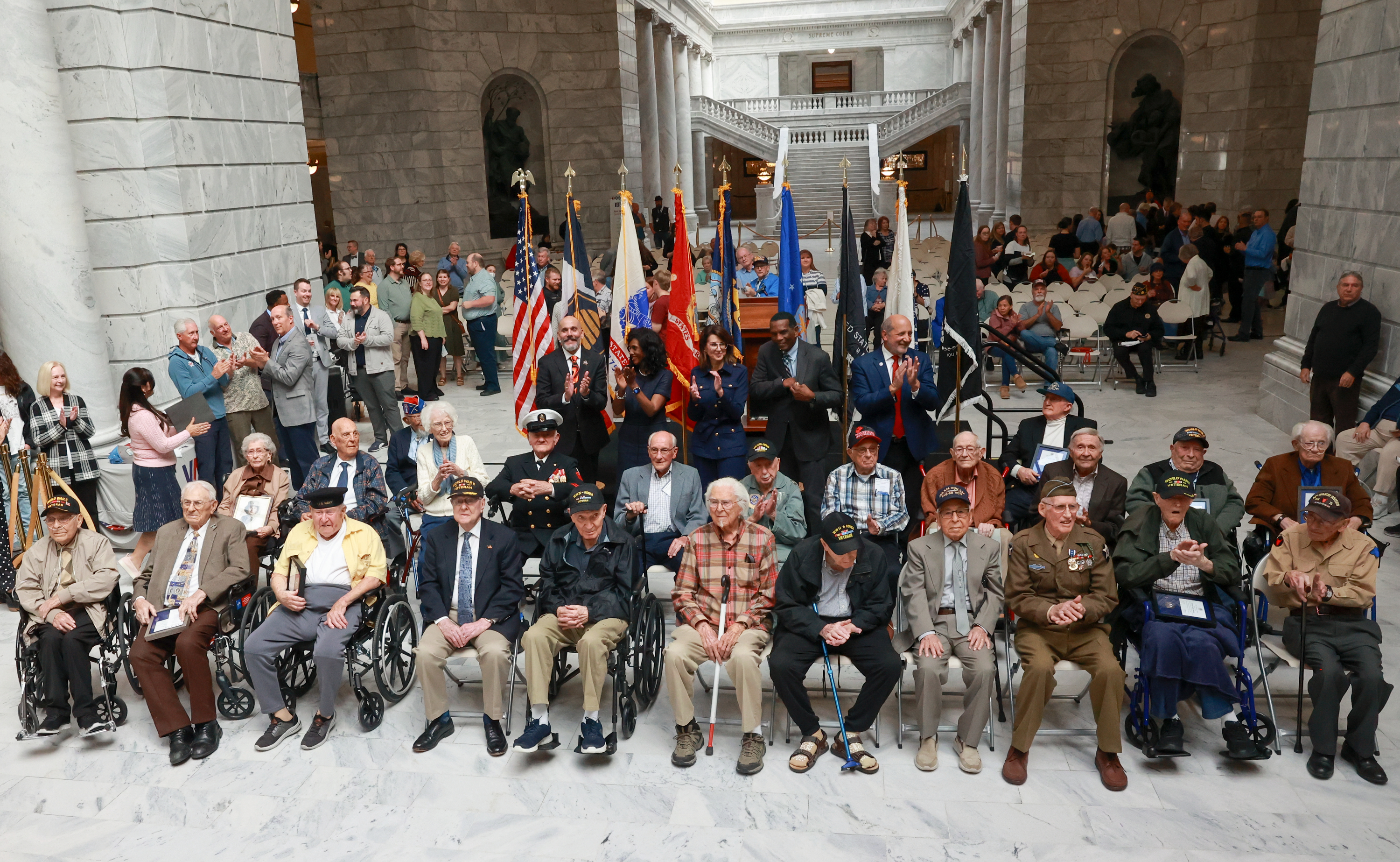 Utah veteran centenarians pose for a photo at the Capitol in Salt Lake City on Thursday.