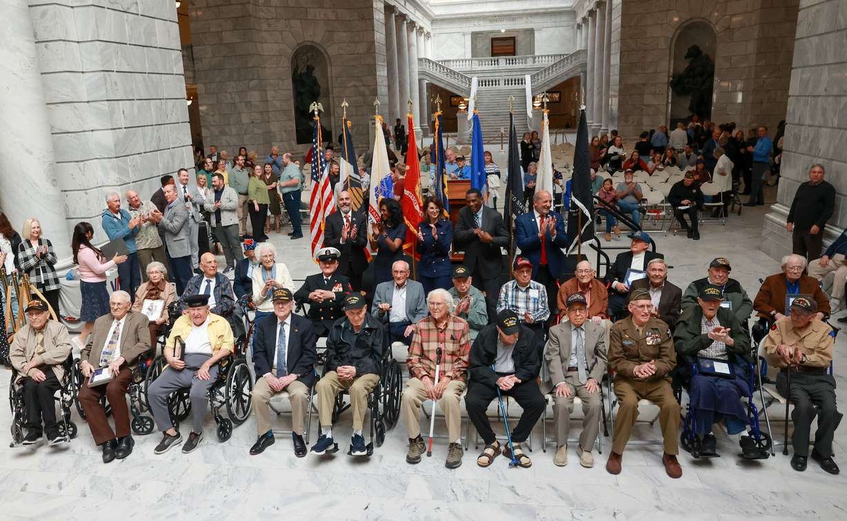 Utah veteran centenarians pose for a photo at the Capitol in Salt Lake City on Thursday.