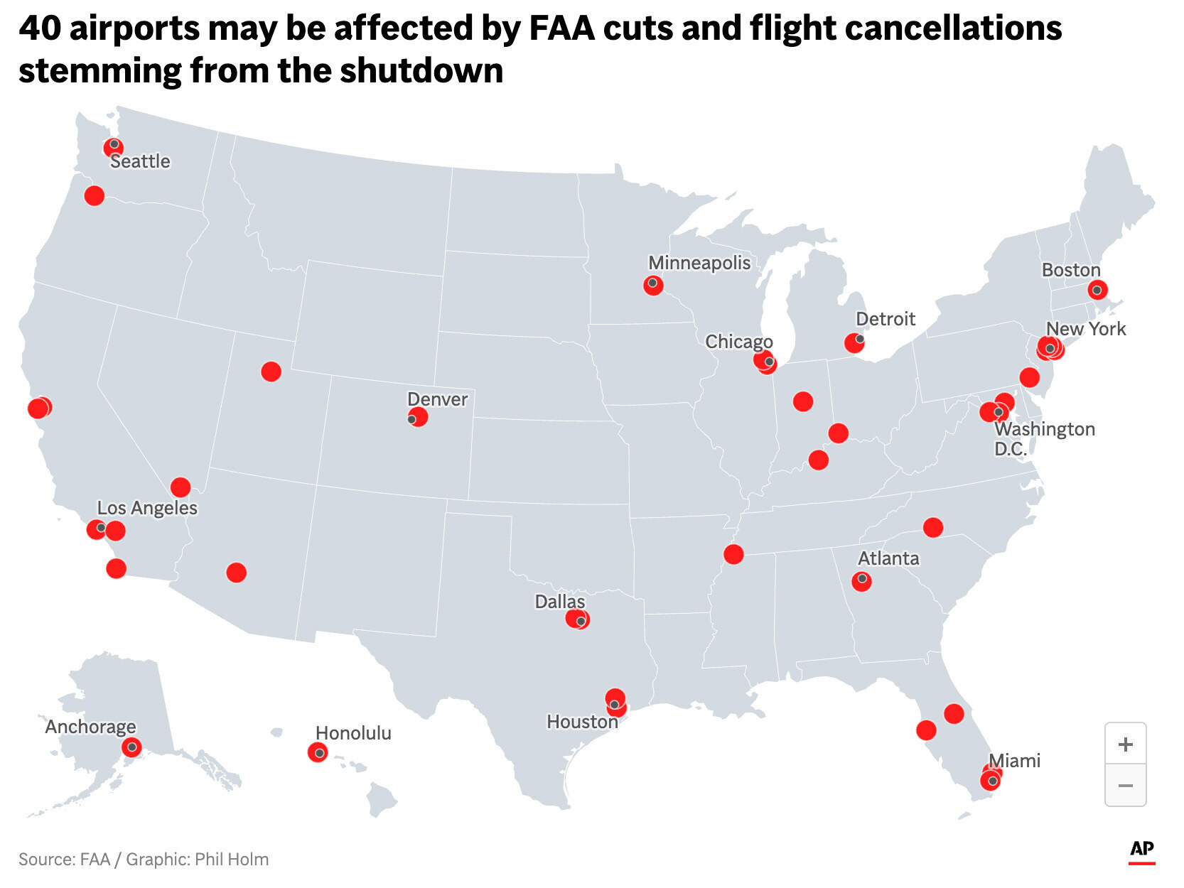 The 40 airports that may be affected by the FAA cuts and flight cancellations caused by the ongoing government shutdown. Salt Lake City International Airport is one of the 40.