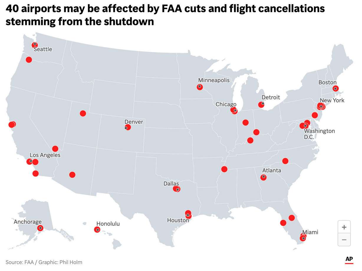 The 40 airports that may be affected by the FAA cuts and flight cancellations caused by the ongoing government shutdown. Salt Lake City International Airport is one of the 40.