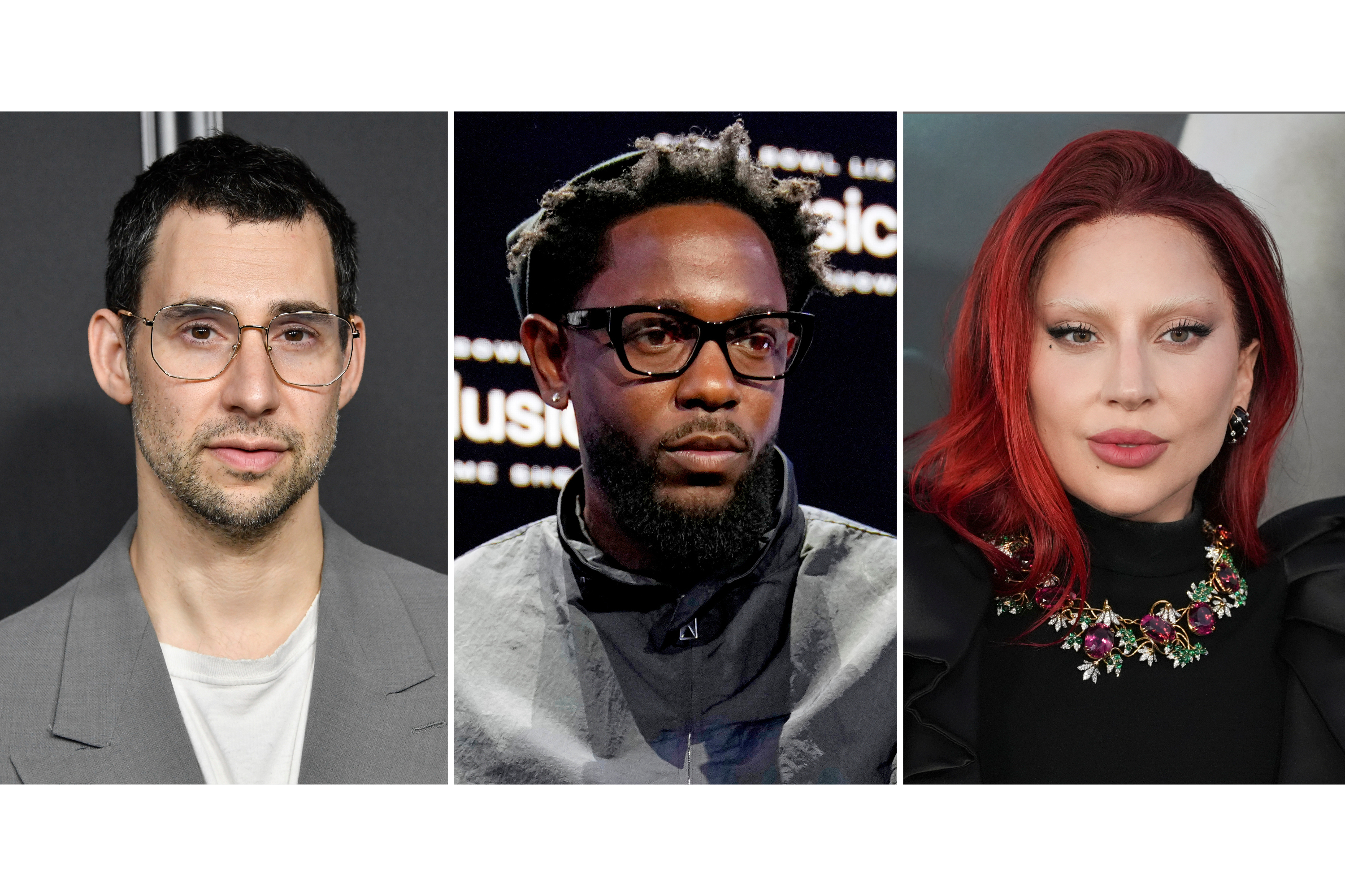 This combination of photos show Jack Antonoff, left, Kendrick Lamar, center, and Lady Gaga.