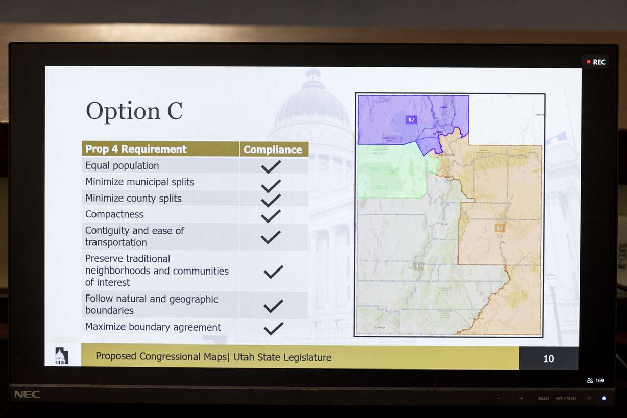 One of several map options is displayed during a meeting of the Legislative Redistricting Committee held in the East Senate Building of the Capitol in Salt Lake City on Sept. 24.