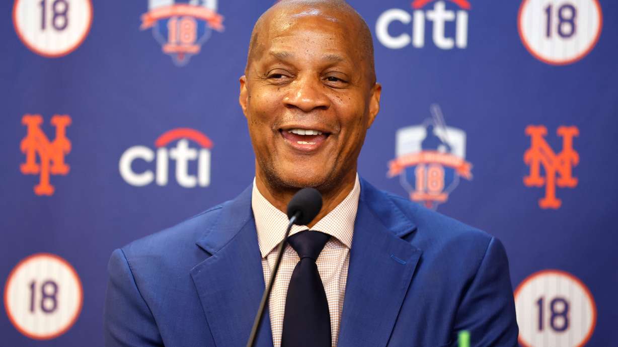 FILE - New York Mets former outfielder Darryl Strawberry speaks before number retirement ceremony, June 1, 2024, in New York.