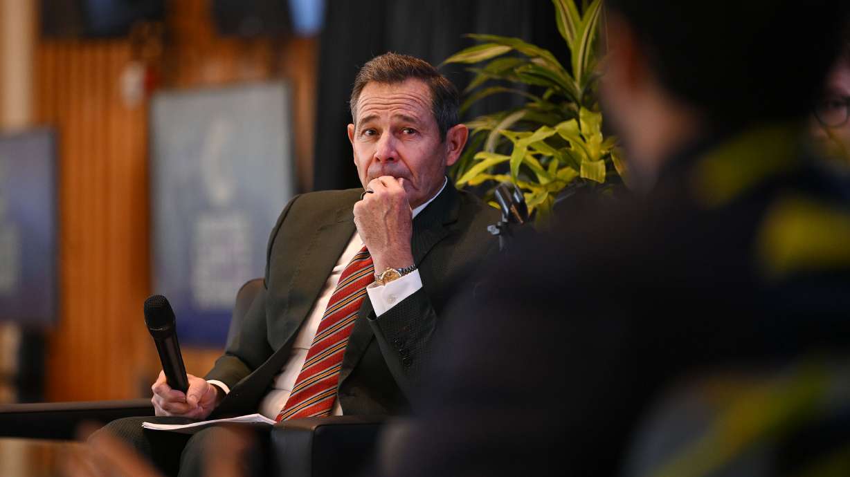 Sen. John Curtis, R-Utah, moderates a panel the University of Utah in Salt Lake City on Oct. 17. Curtis said government shutdowns have hurt Republicans in the past, and that Democrats don't have an "exit plan" for ending the ongoing shutdown.