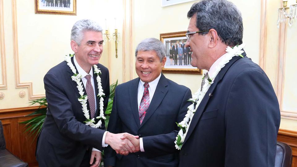 Elder Gérald Caussé meets with French Polynesian president Édouard Fritch on Feb. 23, 2017, in Papeete, French Polynesia. Elder Caussé is the newest member of the Quorum of the Twelve Apostles.