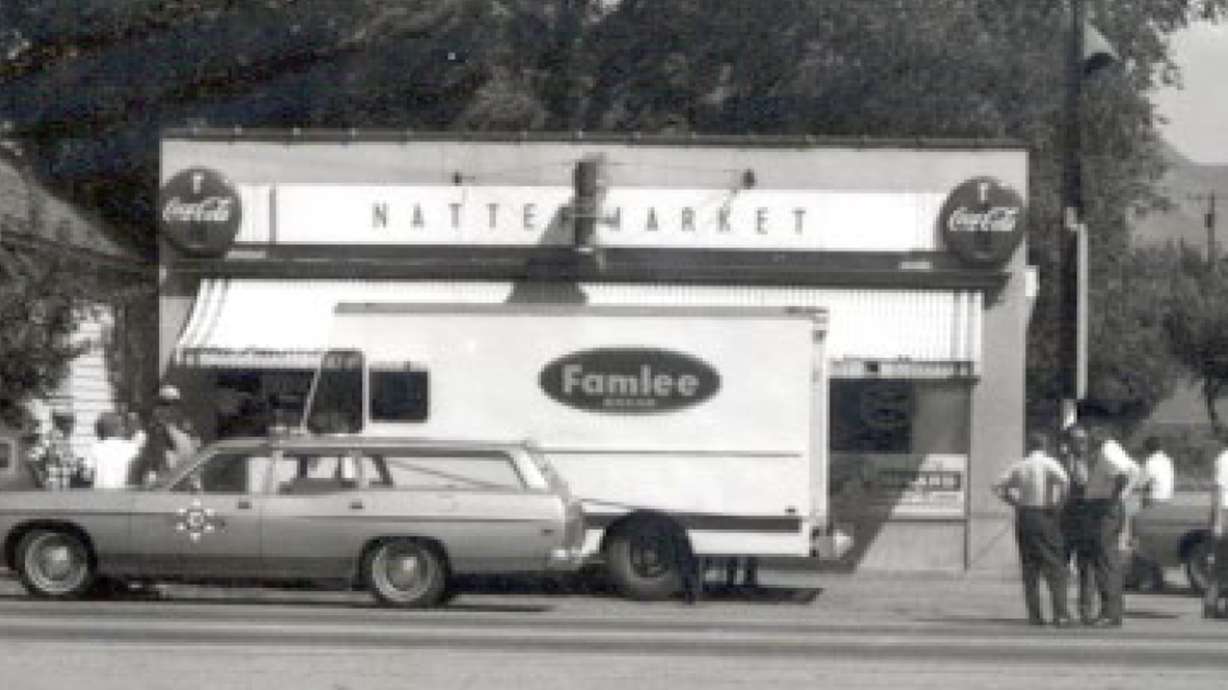 Authorities investigate a shooting at the Natter's Market in Salt Lake County on Sept. 2, 1971.