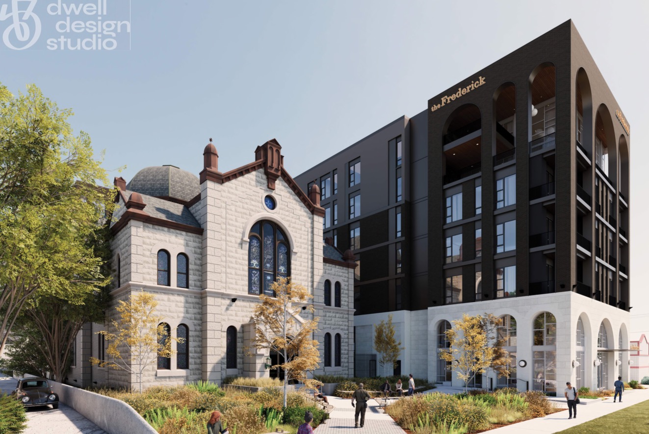 A rendering of The Frederick in Salt Lake City's Central City neighborhood. The proposed building would neighbor the historic B'nai Israel Temple.