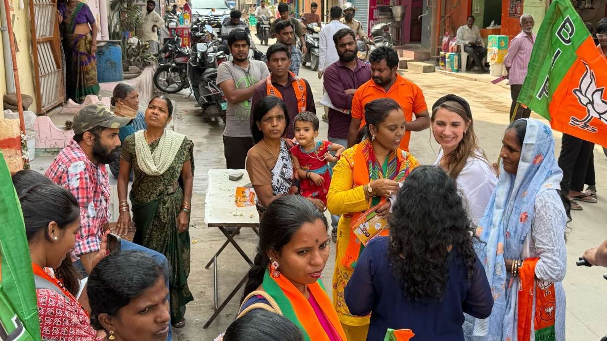 Utah state Rep. Jason Thompson, R-River Heights, and his wife, Dana Thompson, attend a political rally held by the BJP Party, in a residential area in Hyderabad city, India. The Thompsons are part of the World Trade Center Utah's trade mission to India.