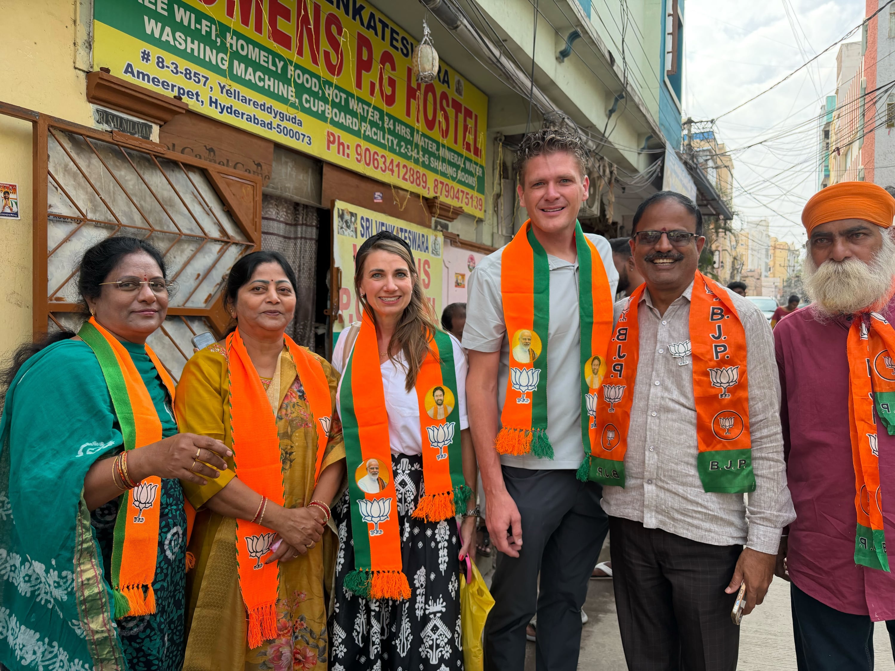 Utah state Rep. Jason Thompson and his wife Dana Thompson attended a local political rally held by the BJP Party, in a residential area in Hyderabad city, India. Locals gave Thompson and his wife the scarves as part of the rally.