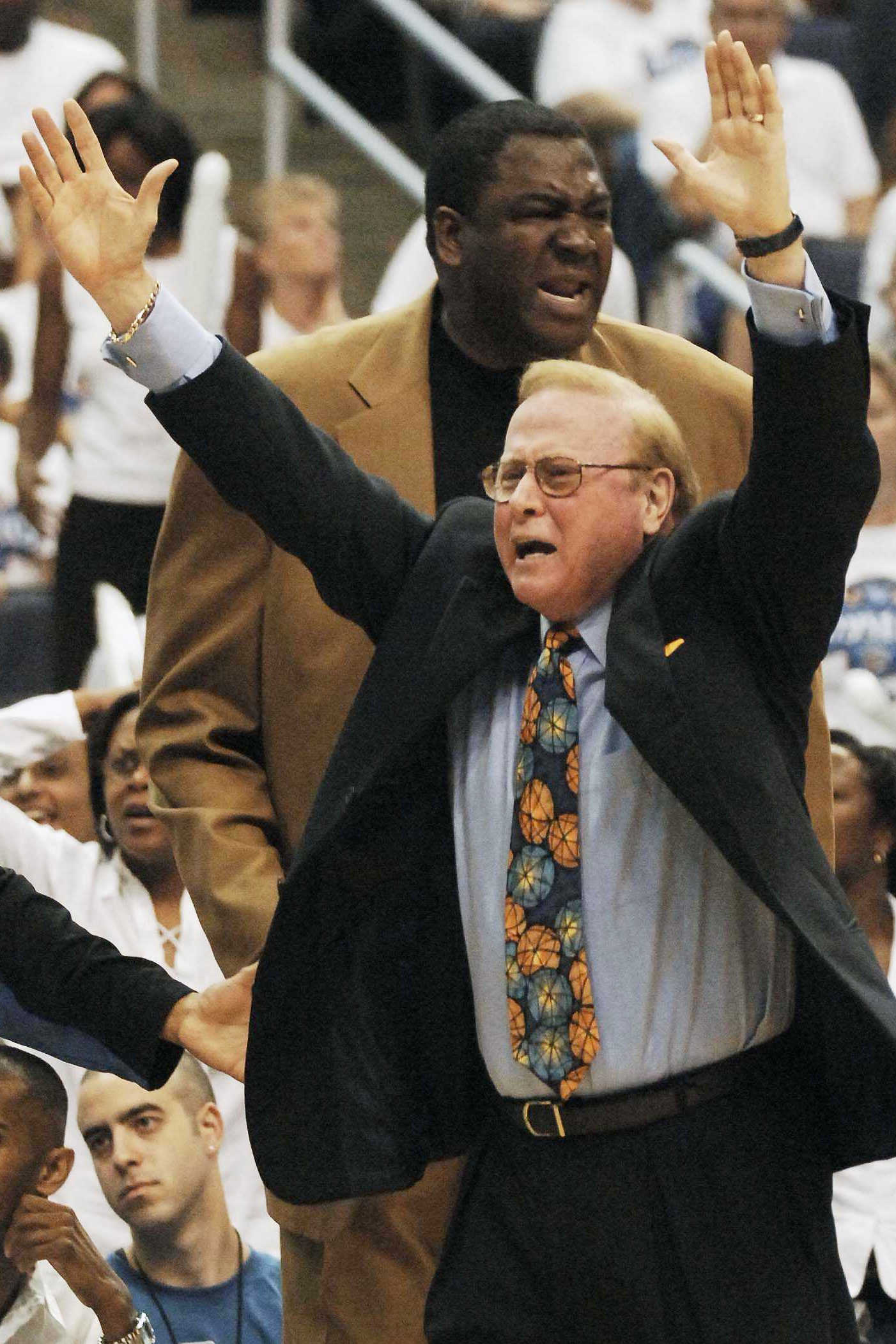 FILE - Washington Mystics coach Richie Adubato reacts on the sideline during a WNBA playoff basketball game against the Connecticut Sun on Aug. 18, 2006, in Washington.