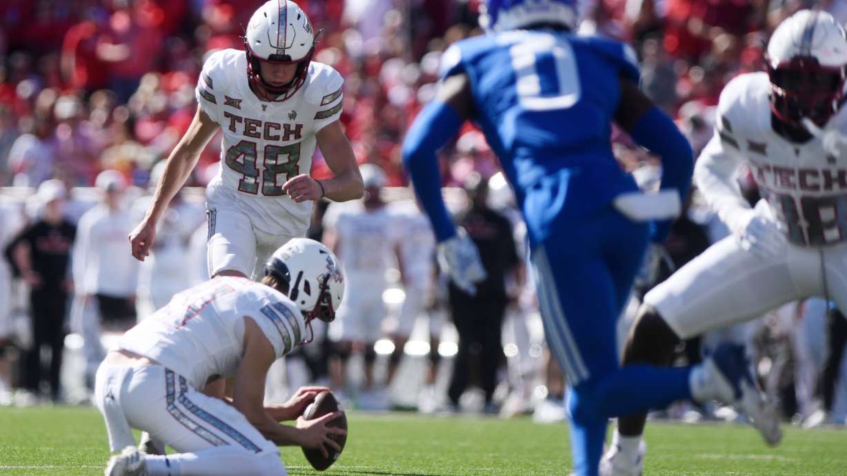 Texas Tech place kicker Stone Harrington (48) kicks a field goal during the first half of an NCAA college football game against BYU, Saturday, Nov. 8, 2025, in Lubbock, Texas.
