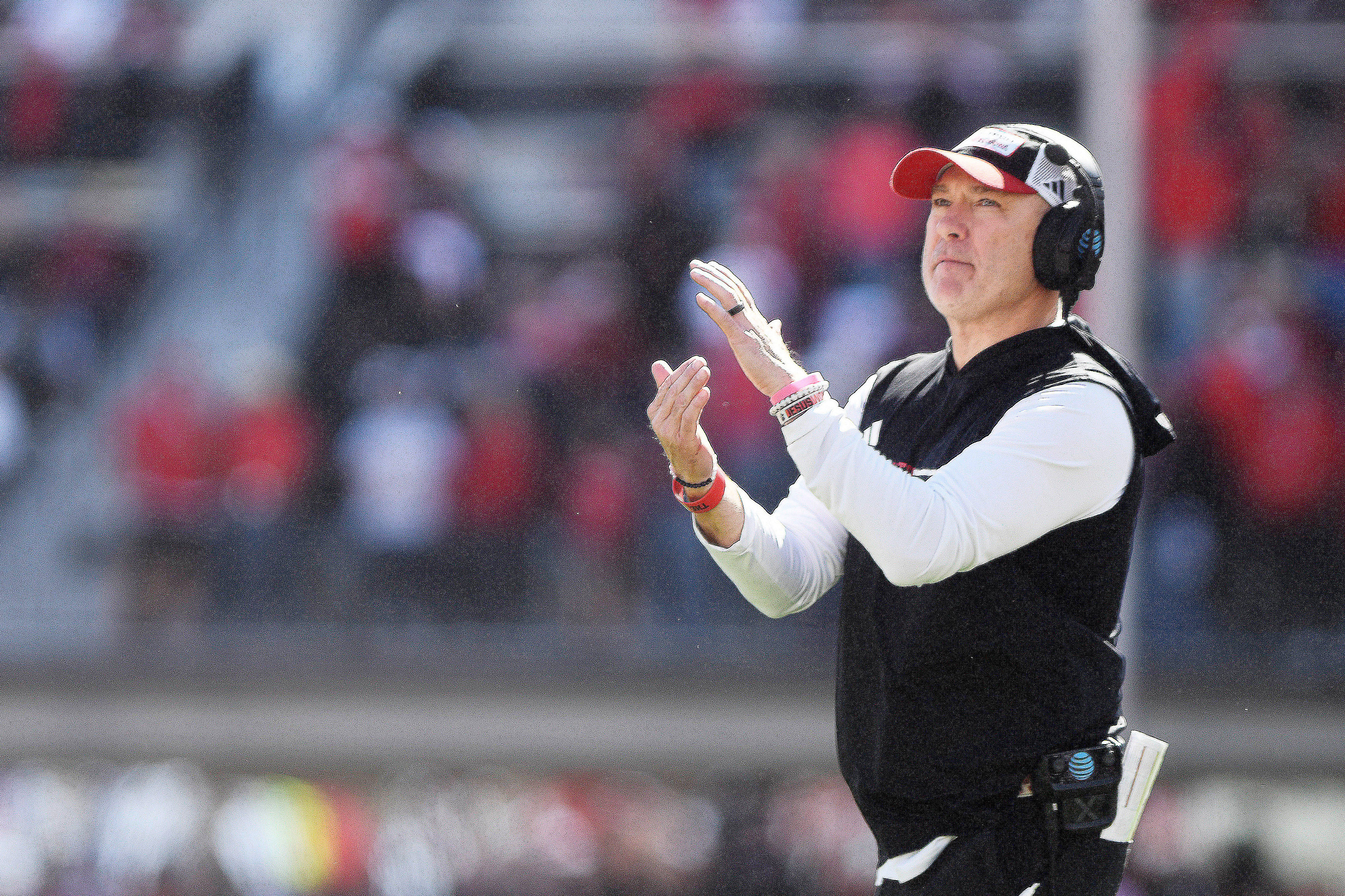 Texas Tech head coach Joey McGuire gestures for a timeout during an NCAA college football game against BYU, Saturday, Nov. 8, 2025, in Lubbock, Texas.