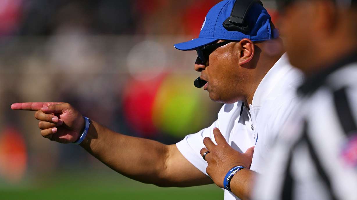 BYU Cougars head coach Kalani Sitake points out toward the field as BYU and Texas Tech play at Jones AT&T Stadium in Lubbock Texas on Saturday, Nov. 8, 2025.