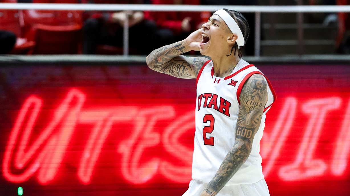 Utah guard Terrence Brown (2) celebrates after Utah defeated Weber State 92-89 in overtime at the Jon M. Huntsman Center in Salt Lake City on Saturday, Nov. 8, 2025.