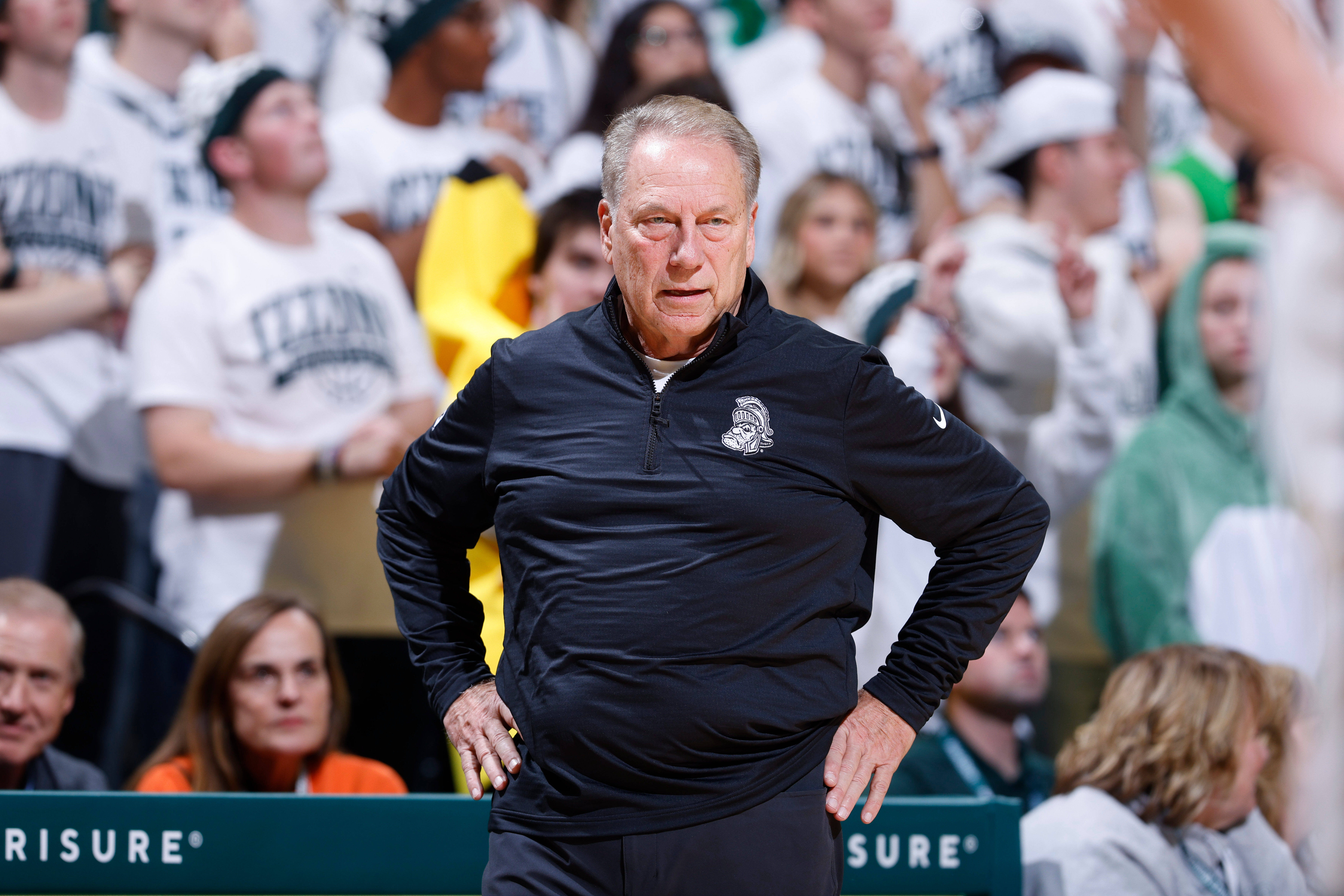Michigan State coach Tom Izzo watches the first half of an NCAA college basketball game against Arkansas, Saturday, Nov. 8, 2025, in East Lansing, Mich.