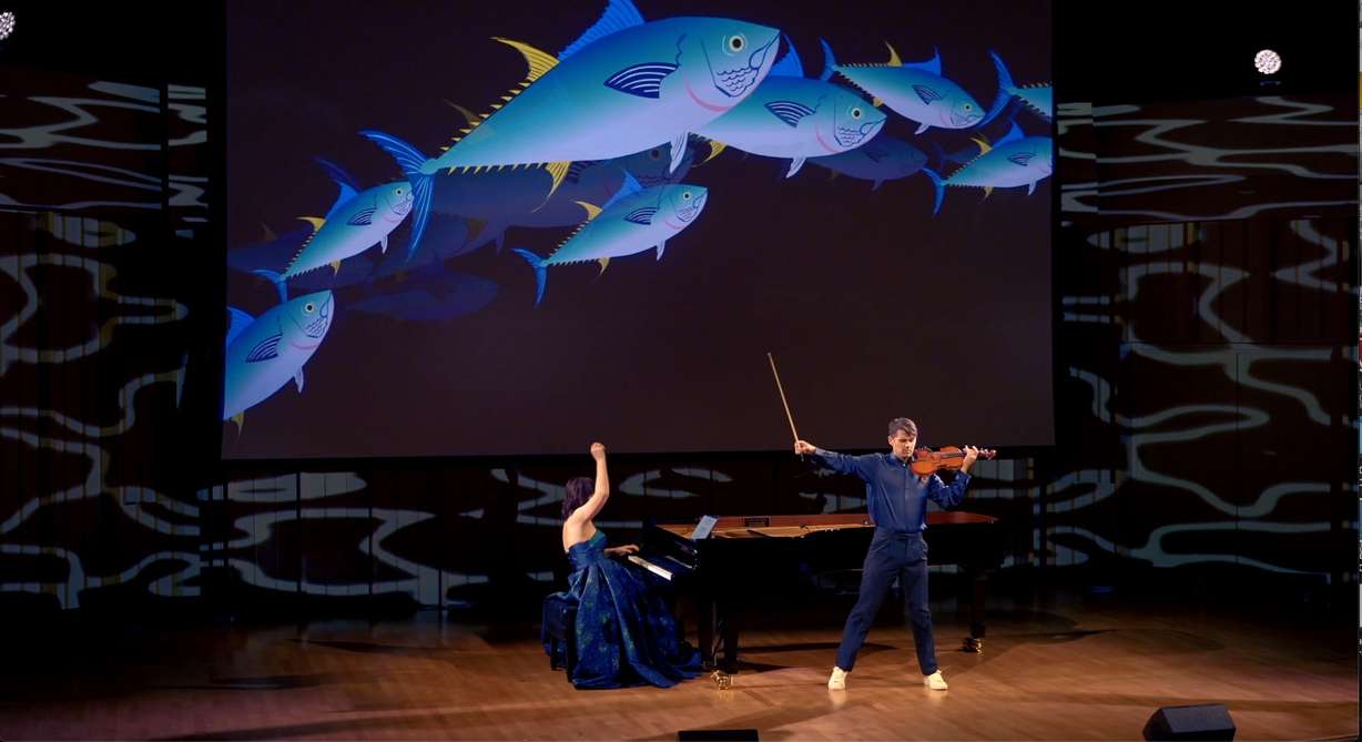 Violinist Chad Cannon and pianist Hui Wu in a performance of “Music for the Ocean.”