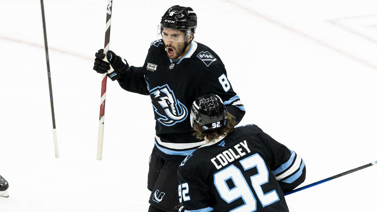 Utah Mammoth center Nick Schmaltz (8) celebrates his goal with his teammates during an NHL game against the Colorado Avalanche held at the Delta Center in Salt Lake City on Tuesday, Oct. 21, 2025.