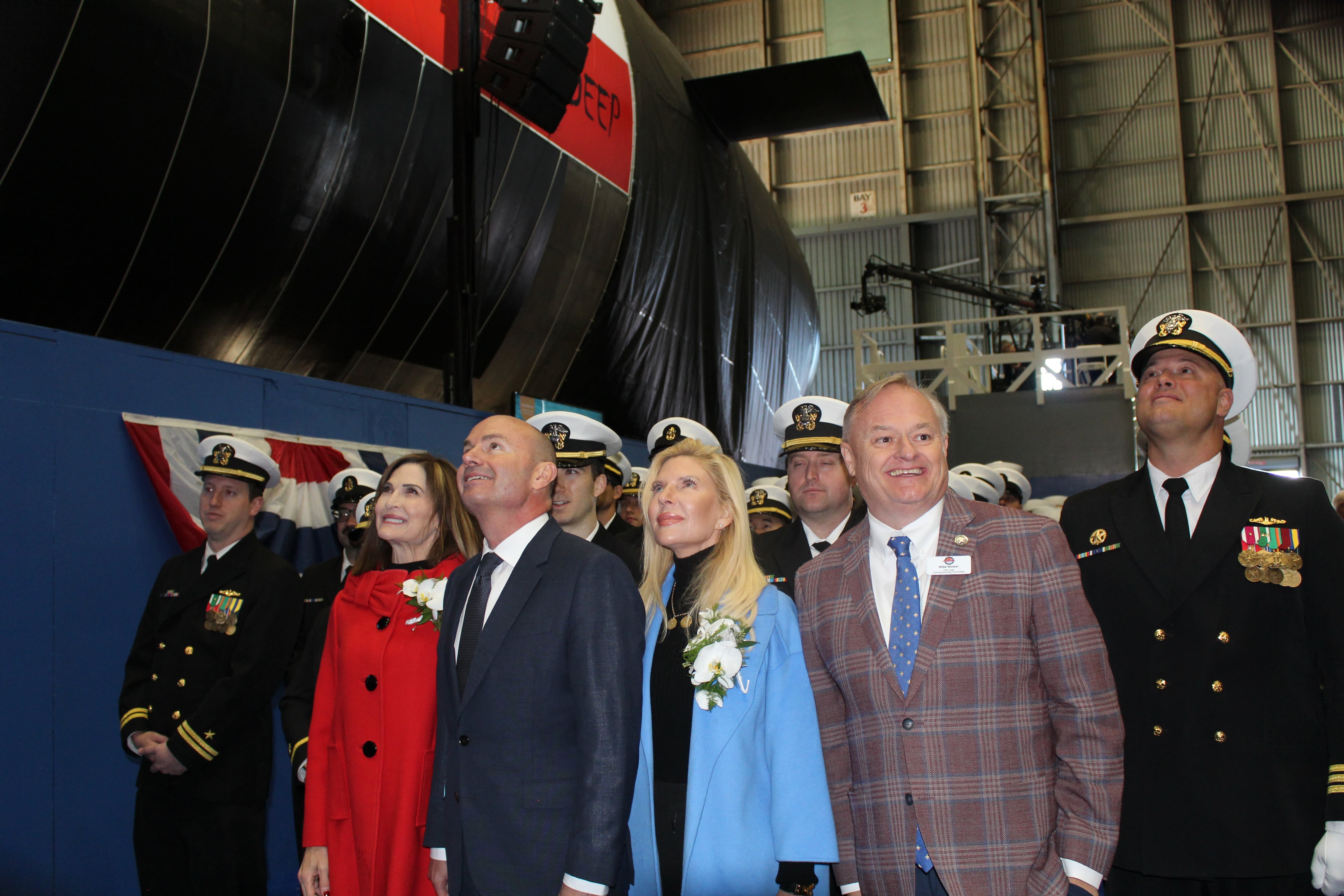 USS Utah co-sponsors Sharon Lee and Mary Kaye Huntsman stand together with Sen. Mike Lee, center, and Michael Mower, senior adviser to Gov. Spencer Cox, and Cmdr. Christopher Hornung, commanding officer for the USS Utah), at the christening ceremony for the Virginia class submarine on Oct. 25, at the General Dynamics Electric Boat Shipyard in Groton, Conn.