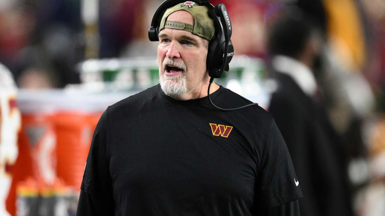 Washington Commanders head coach Dan Quinn during the second half of an NFL football game against the Seattle Seahawks, Sunday, Nov. 2, 2025, in Landover, Md.