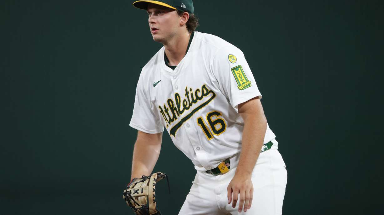 FILE - Athletics first baseman Nick Kurtz waits for the pitch during the fourth inning of a baseball game against the Houston Astros, Tuesday, Sept. 23, 2025, in West Sacramento, Calif.