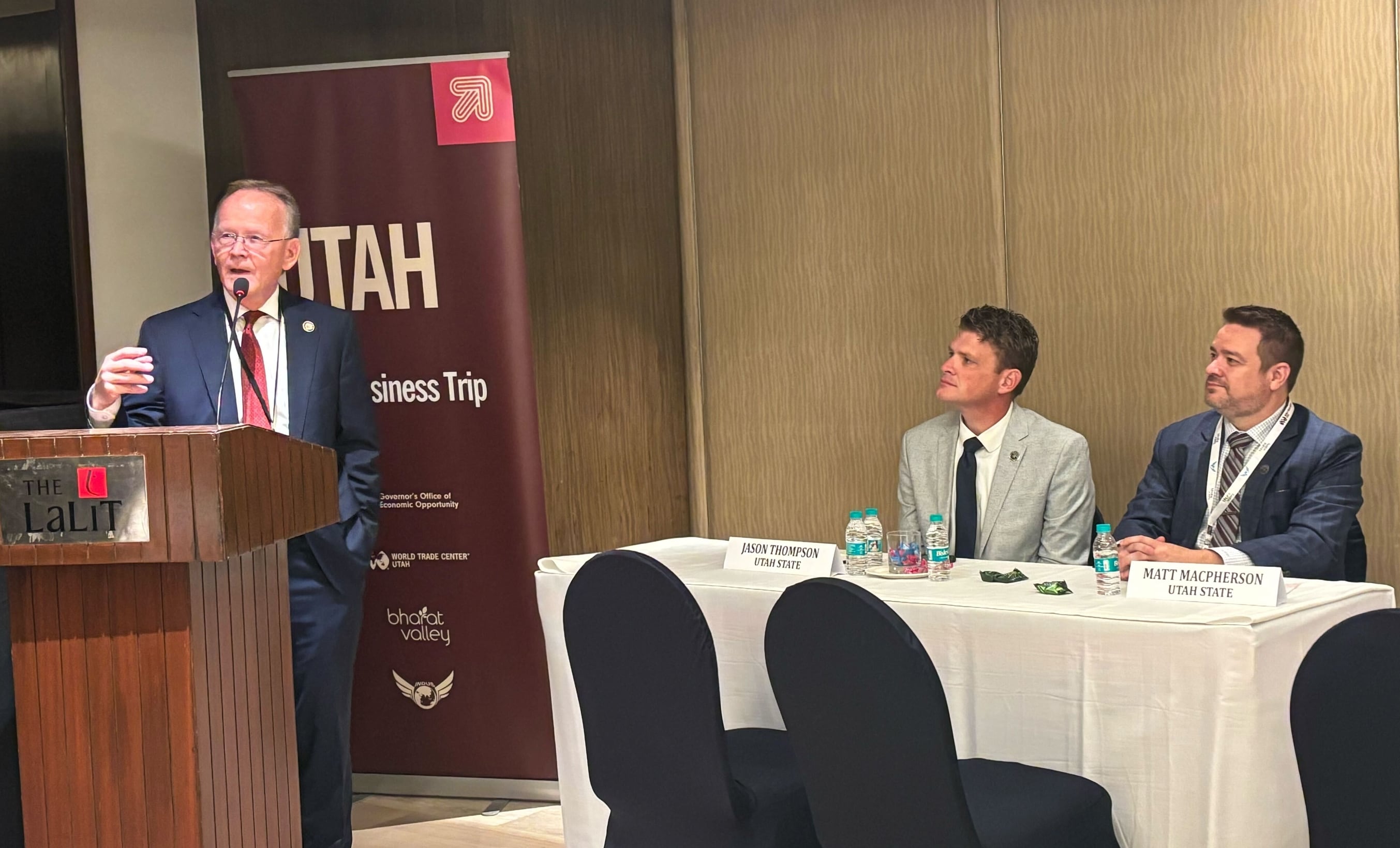 Utah Senate President Stuart Adams, R-Layton, giving remarks at an event hosted by Federation of Indian Chambers of Commerce and Industry at the Lalit Hotel in New Delhi. He was joined by Utah state Reps. Matt MacPherson, R-West Valley City, and Jason Thompson, R-River Heights.