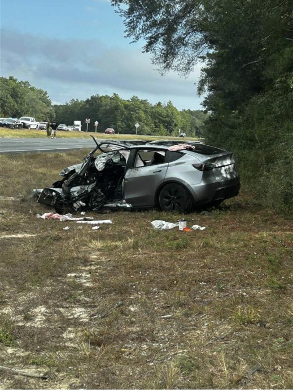 The Tesla sedan that Tamra Kendrick was driving when she crashed head-on into another vehicle in Florida on Nov. 7. The 61-year-old Utah woman is in critical condition at a Florida hospital, and her family is now holding onto hope and praying for a miracle.