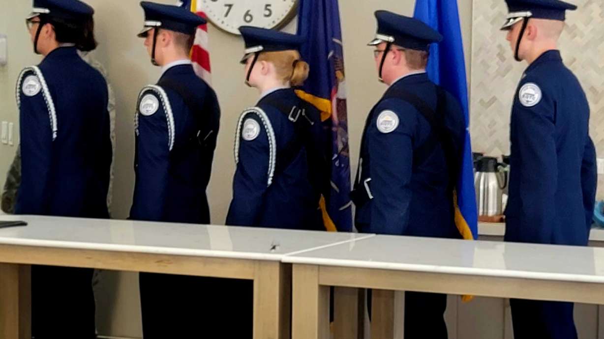 Students from the Utah Military Academy line up to begin a Veterans Day event at the Harrison Regent Retirement Community in Ogden with the Pledge of Allegiance on Monday.