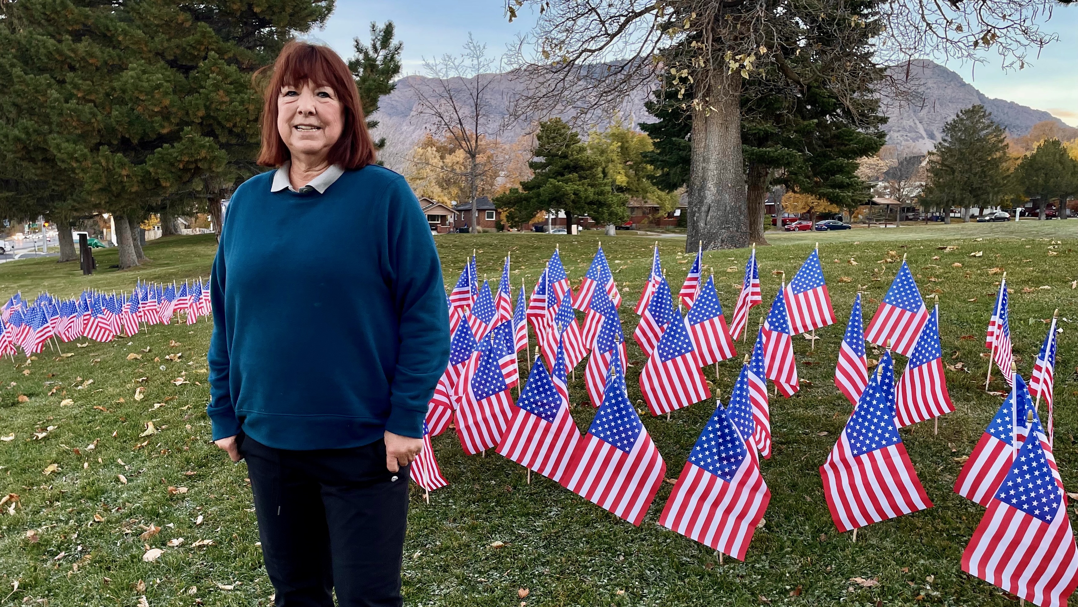 Kim Dixon, of West Haven, installed a field of 181 flags at an Ogden park on Tuesday to mark Veterans Day and honor the 181 Weber County service members killed in World War II.