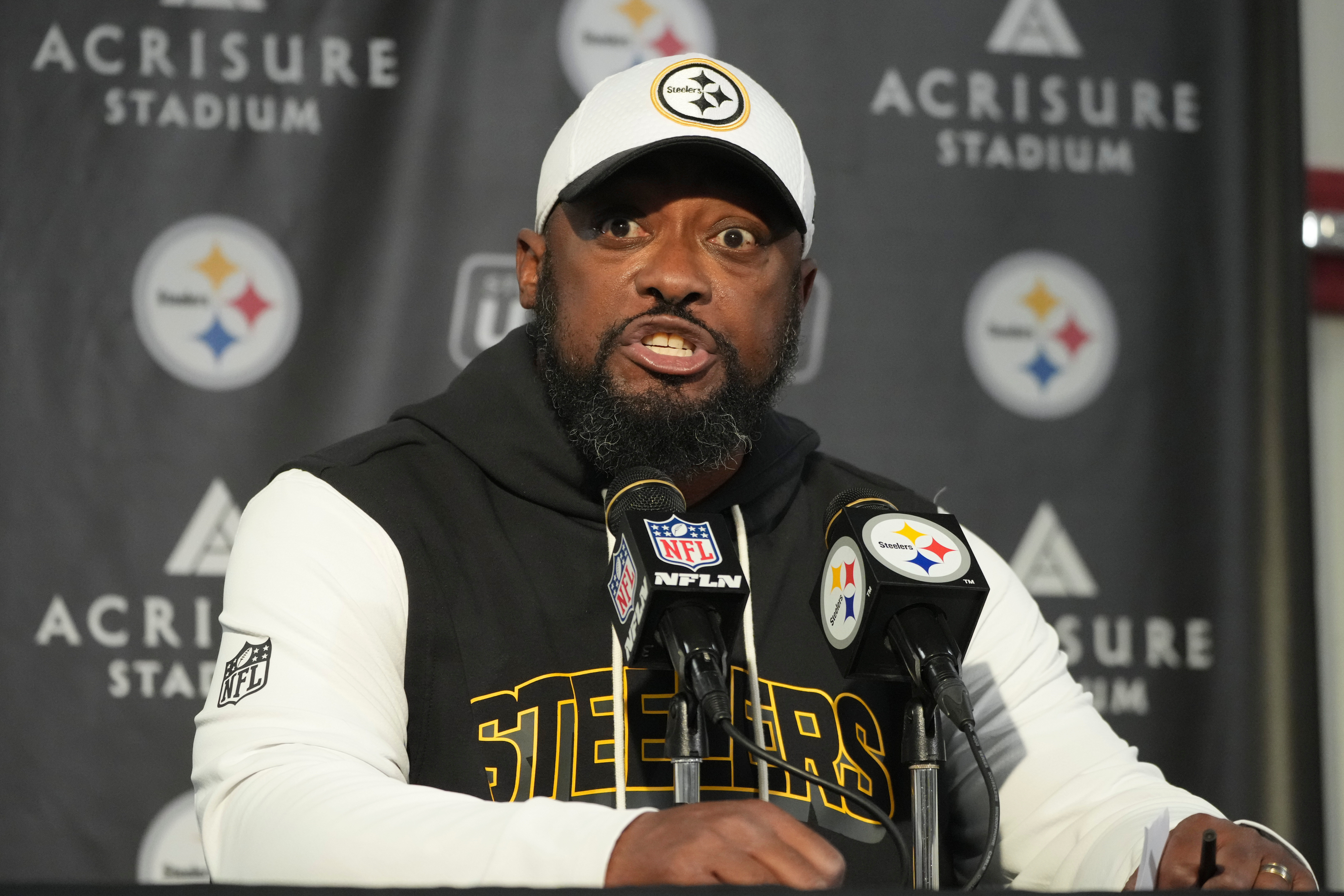 Pittsburgh Steelers head coach Mike Tomlin speaks during a press conference following an NFL football game against the Indianapolis Colts in Pittsburgh, Sunday, Nov. 2, 2025.