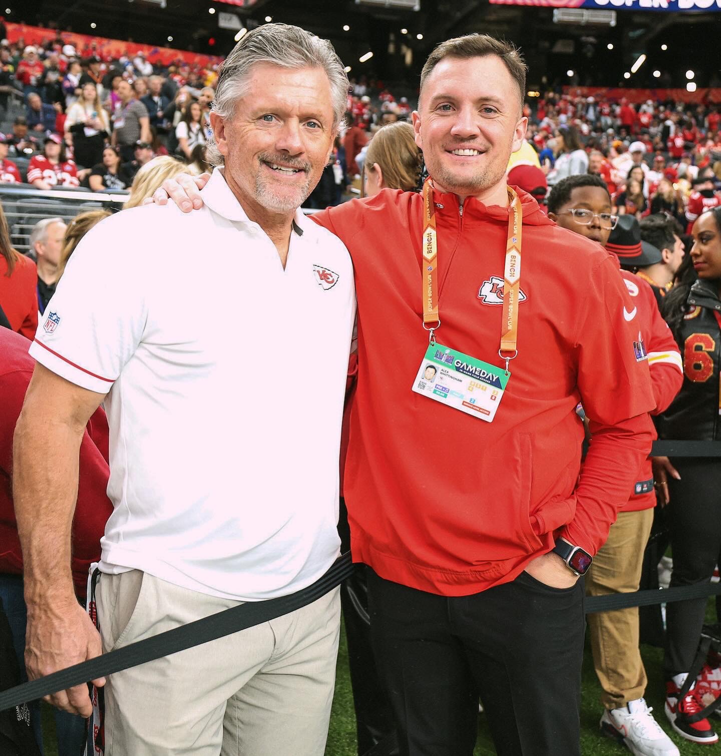 Kyle Whittingham poses with his son, Alex, while at an NFL game in Kansas City.