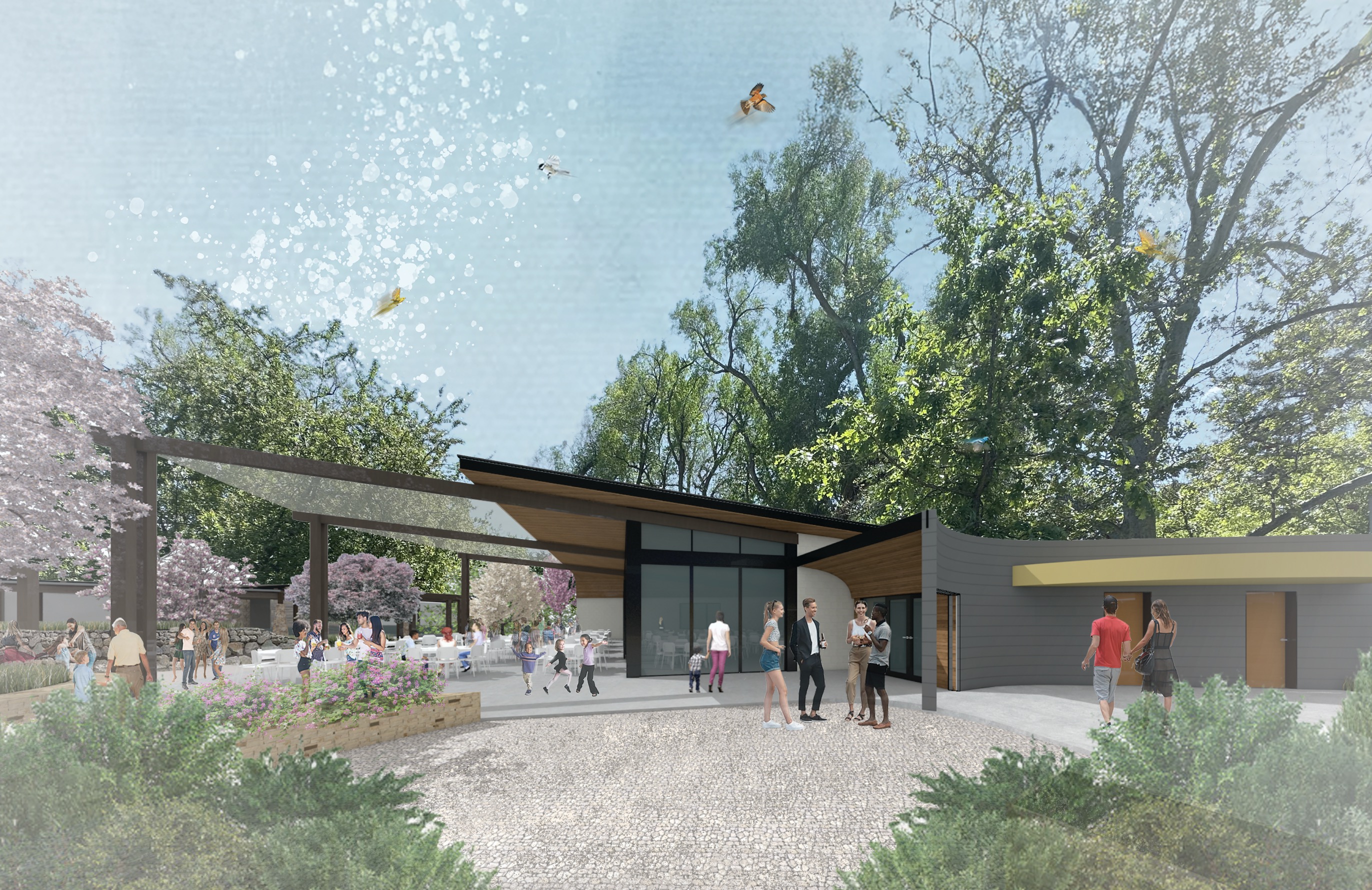 A conceptual rendering of the proposed new garden pavilion at Tracy Aviary in Salt Lake City. The new facility won approval from the city's Historic Landmark Commission, which also approved the relocation of a historic building it would replace at the center of the facility.